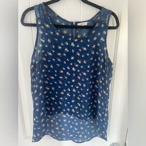 MINE Blue Pattern tank, lace on shoulders. High low, zipper on back size L